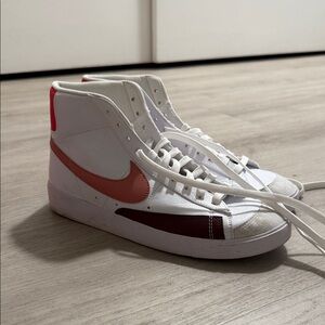 Nike White and Red-Orange High-Tops